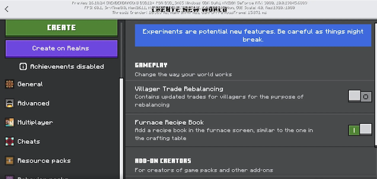 هنگام ایجاد یک دنیای جدید در پیشنمایش ماینکرفت کتاب دستورالعمل را از تب Experiments فعال کنید.