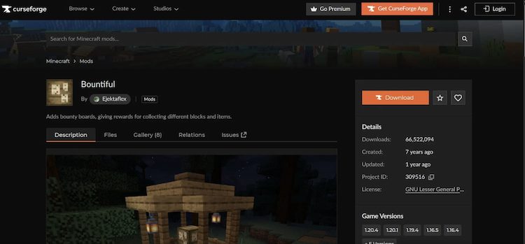 Bountiful را میتوان به راحتی از وبسایت CurseForge دانلود کرد.